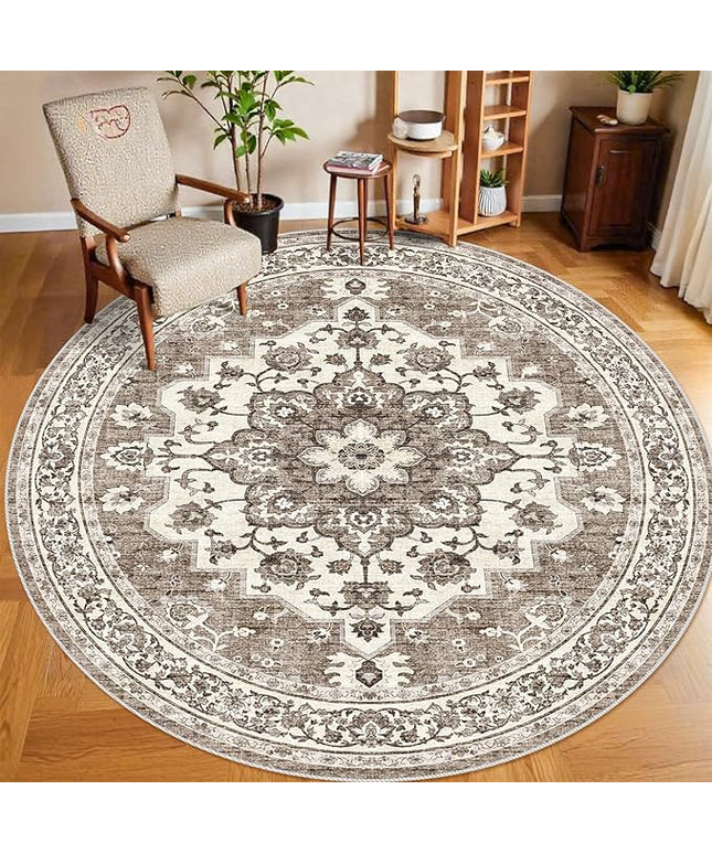 Washable Oriental Area Rug - 9ft Round Rugs for Living Room Soft Carpet for Bedroom Waterproof Floral Distressed Indoor Stain Resistant Non-Shedding Floor Carpets (Beige, 9ft-Round)
