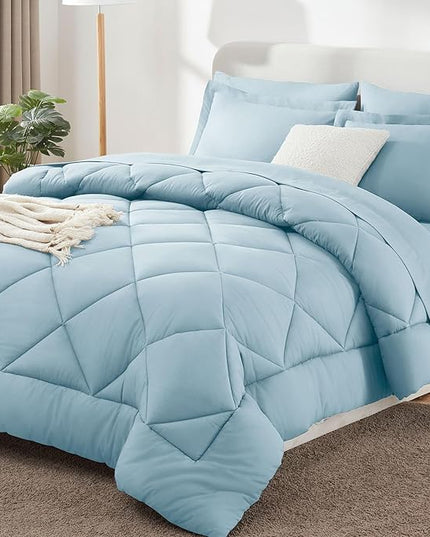 CozyLux Queen Comforter Set Light Blue - Bed in a Bag Queen Size 7 Pieces, Luxury Soft Bed Set for All Seasons, Bedding Set with Down Alternative Comforter, Sheets, Pillowcases & Shams