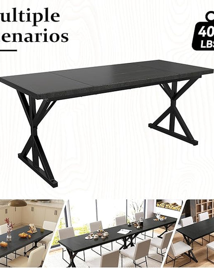 70.8 Inch Rectangular Dining Table for 6-8 People, Farmhouse Kitchen Table with Metal Base & Solid Wood Top, Easy Assembly, Water-Resistant, for Dining Room & Kitchen, All-Black