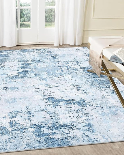 5x7 Area Rugs Modern Abstract Faux Wool Rug Ultra-Soft Low Pile Accent Rug Stain Resistant Carpet Machine Washable Rugs for Bedroom with Non Slip Backing, Blue
