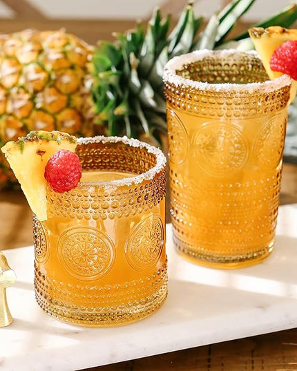 Hobnail Beaded Floral Amber Drinking Glasses Set of 6, (10 oz) Vintage Glassware Set by Kate Aspen| Cocktail Glass Set, Juice Glass, Water Cups | Great Hostess Gift & Gift for New Home Owners
