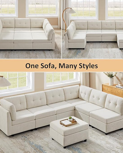 VANOMi 5 Seater Modular Sectional Sofa, Convertible Modular Cloud Sofa Bed with Ottoman, Comfy Chenille Sofas & Couches for Living Room, Apartment, Office, White, Sofa Bed