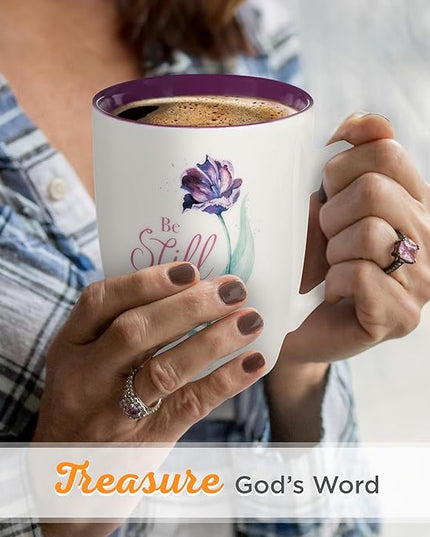 Christian Art Gifts Encouraging Scripture Ceramic Coffee & Tea Mug for Women: Be Still & Know Inspirational Psalm Bible Verse, Microwave & Dishwasher Safe, Novelty Cup, White & Purple Floral, 12 oz.