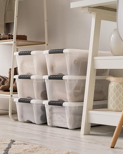 IRIS USA 13 QT Plastic Storage Box with Lid and Latches - 6 Pack - BPA-Free, Discreet Organizing Solution, Durable Nestable Stackable Containers, Secure Pull Handle - Pearl