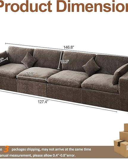 155''Cloud Boneless Sectional Couch, Modular Sectional Sofa Deep Seat, Oversized Upholstered Convertible Comfy 4 Seater Chenille Memory Foam Sofa Couches for Living Room, Brown