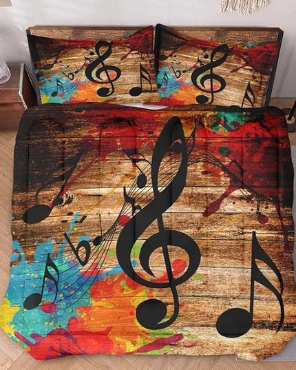 Queen Size Comforter Set with 2 Pillowcases, Musical Music Disco 3 Pcs Bedding for Kids and Adults, Black Retro Woodboard Soft Comforter Set for Bedroom Bed Decor