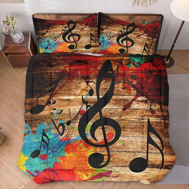 Twin Size Comforter Set with Pillowcase, Musical Music Disco 2 Pcs Bedding for Kids and Adults, Black Retro Woodboard Soft Comforter Set for Bedroom Bed Decor