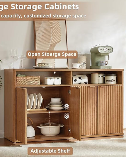 LEYAOYAO Fluted Buffet Cabinet with Storage, 55" Wide Wood Sideboard Credenza with 4 Doors & Open Storage Shelf, Modern Kitchen Console Accent Cabinets, Coffee Bar Table for Dining Room, Tea Brown