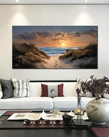 Ouzzlie Brown Wall Art Sunset Wall Decor Landscape Picture Art Print Seascape Canvas Large Coastal Blue Ocean Artwork for Living Room Bedroom Office 29" x 59"