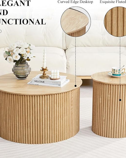 Fluted Round Nesting Coffee Table Set of 2, Mid Century Modern Wood Coffee Table and End Table Set, Minimalist Center Tables Circle Side Table for Living Room, Office(Natural)