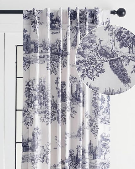 Maison d' Hermine Curtains for Living Room 100% Cotton 124 inch Length One Panel Light Filtering Toile Curtains for Bedroom Windows with Rod and Loop Pockets Drapes (Trianon Blue, 50" W x 124" L)