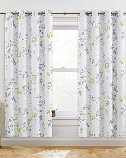 Beauoop Floral 100% Blackout Curtains 72 Inches Long 2 Panels for Bedroom Living Room Yellow Grey and White Flower Patterned Room Darkening Thermal Soundproof Grommet Window Treatments Drapes, 52X72
