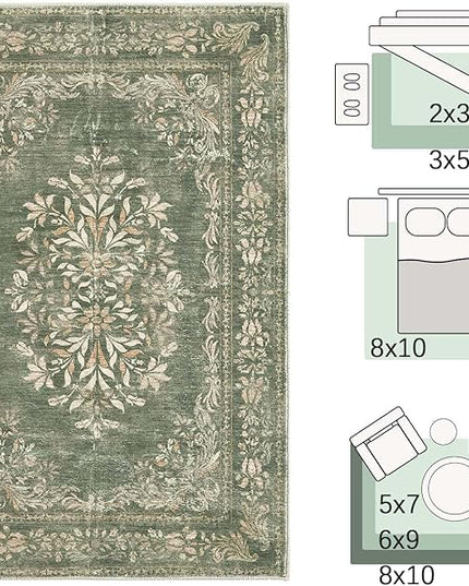 jinchan Green Floral 3x5 Area Rugs for Entryway - Machine Washable Vintage Distressed Design Low-Pile Soft Non-Shedding Christmas Carpet for Kitchen Bedroom Laundry Living Room (3x5ft, Dark Green)