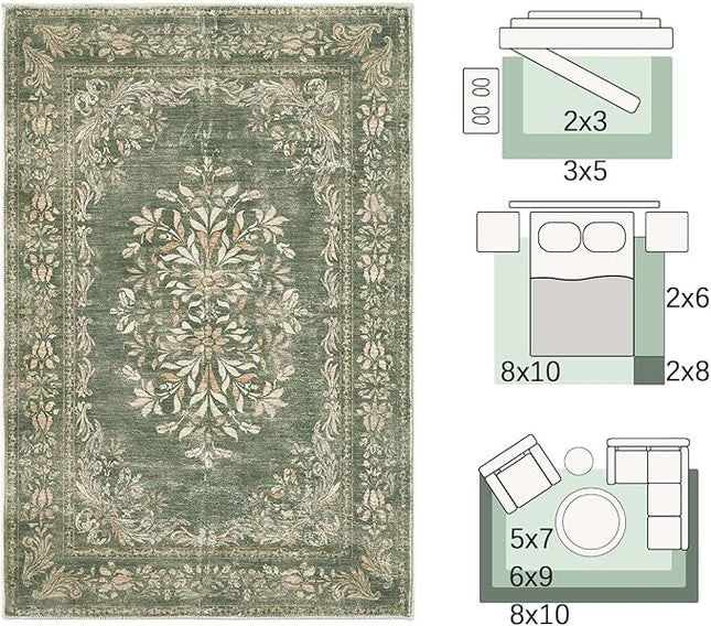 jinchan Floral 6x9 Green Area Rugs for Living Room - Machine Washable Vintage Distressed Design Soft Throw Rug Non-Slip Large Christmas Carpet for Bedroom Home Office Nursery (6x9ft, Dark Green)