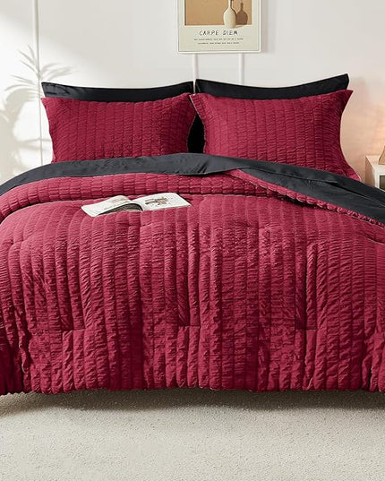 HYMOKEGE Red & Black Twin Comforter Set Seersucker 5 Pieces, All Season Luxury Bed in a Bag for Bedroom, Bedding Set with Comforters, Sheets, Pillowcase & Sham