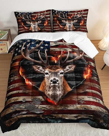 Deer Bedding Sets for Kids Boys Girls Room Decor,Hunting Themed American Flag Bedding Comforter Sets,Western Comforter Sets Camo Full Bedding Set with 2 Pillowcases.