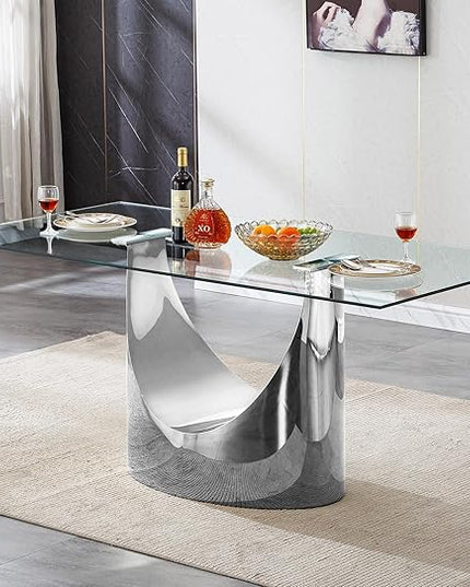 70" Large Glass Dining Table,Modern Rectangular Dining Room Table with 0.39" Tempered Glass Top & Silver Finish Stainless Steel Legs, Modern Clear Kitchen Table for Home Office