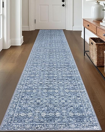 2x12 Runner Washable Rug for Kitchen, Blue Soft Classic Runner with Non-Slip, Non-Shedding Distressed Floral Rug for Hallways Entryway Bedroom Bathroom Laundry Indoor