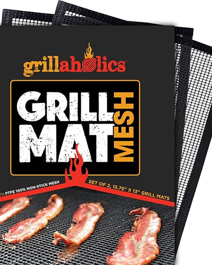 Grillaholics BBQ Mesh Grill Mat - Set of 2 Grill Mats Non Stick - Nonstick Grilling with More Delicious Smoky Flavor - Lifetime Manufacturer Warranty