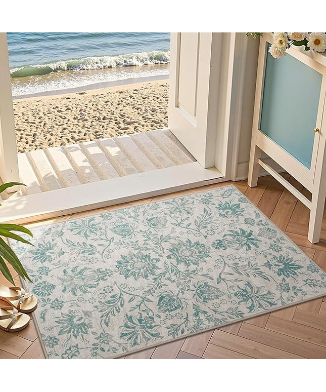 jinchan Torino 2x3 Washable Rugs for Entryway Vintage-Inspired Floral Design Non-Slip Low-Pile Doormat Ultra-Thin Indoor Traditional Accent Carpet for Entrance Kitchen Bathroom Bedroom