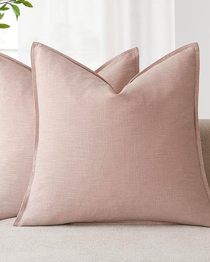 Foindtower Pack of 2, Decorative Linen Solid Throw Pillow Covers Soft Accent Cushion Case Boho Farmhouse Pillowcase for Bed Chair Couch Sofa Bedroom Living Room Home Decor 16 x 16 Inch Light Pink