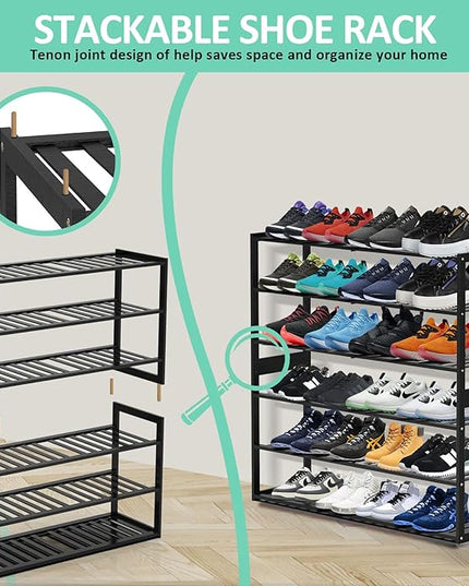 Bamboo Shoe Rack for Closet, Stackable 3 Tier Longer Shoe Organizer Shelf Holder Storage 12-15 Pairs for Entryway Door Hallway Bedroom Garage Space Saving Foldable Black
