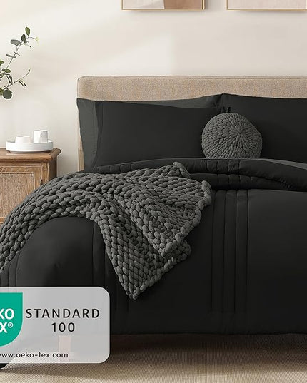 Monbix King Size Comforter Set - 7 Pieces Bed in a Bag King, Black Bedding Sets with Comforter, All Seasons Down Alternative Comforter Bed Set with Sheets, Pillowcases & Shams