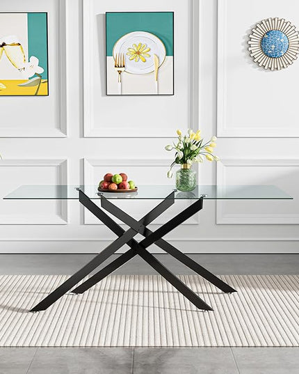 Modern 5-Piece Glass Dining Table Set for 4, Modern 60" Rectangle Black Glass Dining Room Table Set with Grey Velvet Tufted Chairs Wood Legs for Kitchen Dining Room