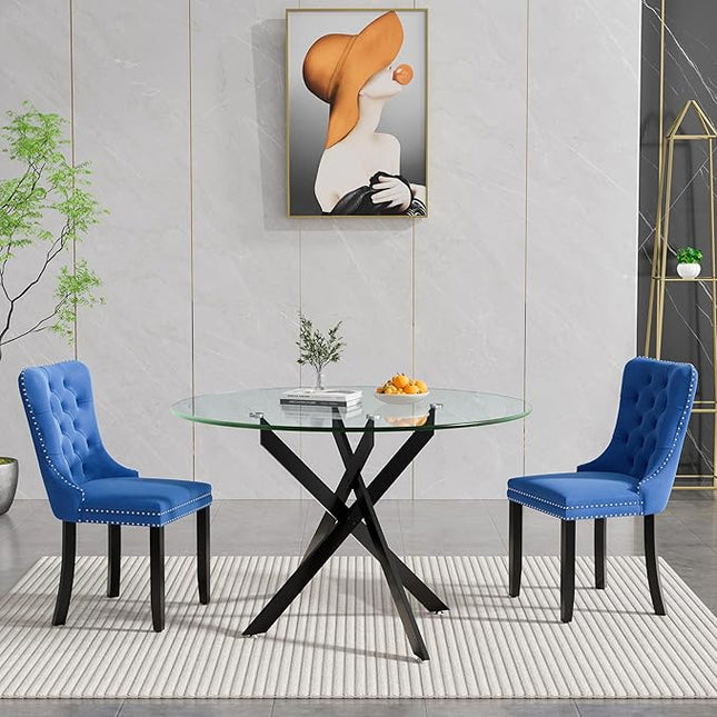 HomVent 3 Piece Round Glass Dining Table Set, Tempered Glass Dinner Table Set for 2 Kitchen Table Set with 2 Velvet Upholstered Chairs for Kitchen Dining Room