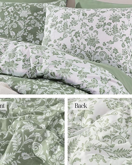 Queen Comforter Set -7 Pieces Floral Grey Green Comforter Set for All Seasons, Bed in a Bag Queen with Botanical Flowers Comforter, Sheets, Pillowcases & Shams