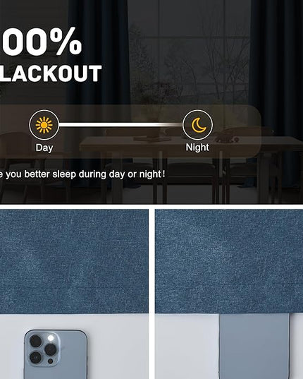 100% Blackout Linen Textured Curtains for Living Room, Bedroom, Light Weight Curtains with Grommets Top, Full Blackout Curtains Privacy Protection, Dark Blue, 52" W x 108" L, 2 Panels