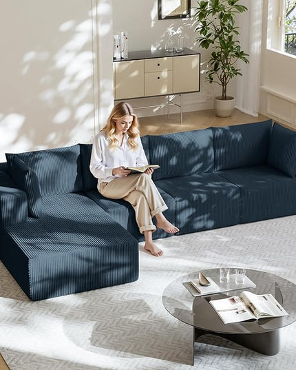 138" Boneless Couches for Living Room, Modular Cloud Couch Sofa - 4 Pieces L Shap Corduroy Sectional Sofa, Fluffy Memory Foam Sleeper Sofa Furniture, No Assembly, Wide Armrest, Navy Blue