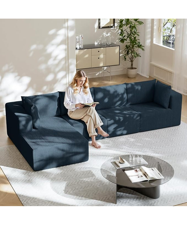 138" Boneless Couches for Living Room, Modular Cloud Couch Sofa - 4 Pieces L Shap Corduroy Sectional Sofa, Fluffy Memory Foam Sleeper Sofa Furniture, No Assembly, Wide Armrest, Navy Blue