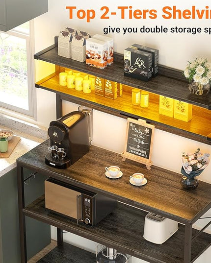 Aheaplus Bakers Rack with Power Outlet, Microwave Stand, 5 Tiers Coffee Bar Station with Led Lights, Kitchen Storage Shelf with 6 S-Shaped Hooks, Kitchen Rack Coffee Bar Stand, Grey Oak