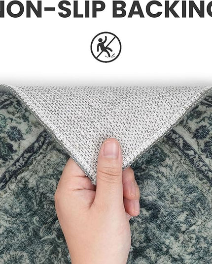 2x6 Washable Runner Rug for Hallways, Dark Green Soft Neutral Vintage Kitchen Rugs with Non-Slip, Non-Shedding Distressed Floral Rug for Bedroom Kitchen Porch Laundry Entryway