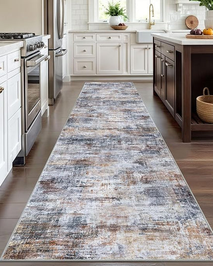 IOHOUZE Abstract Runner Rug 3x12 Ft Washable Runners for Hallways, Non Slip Kitchen Runner Printed Faux Wool Entryway Runner Indoor, Modern Abstract Floor Carpet for Hall Kitchen, Orange Grey