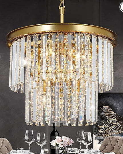 Modern Gold Crystal Chandelier, 9-Light Copper Pendant Ceiling Light Fixture for Dining Room, Kitchen Island, Bedroom