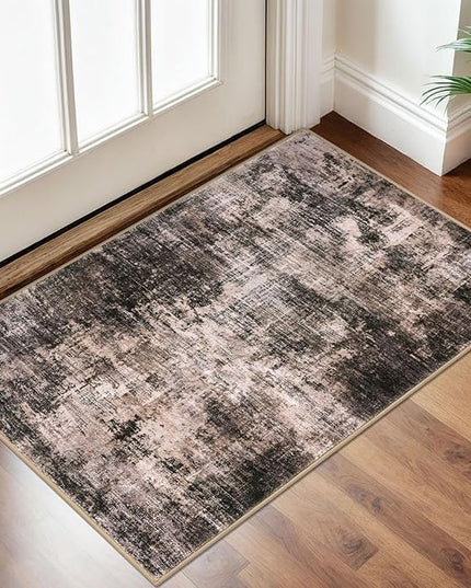 IOHOUZE Small Abstract Area Rug 2x3 Ft Entryway Rugs Washable Door Mat Indoor Entrance, Rubber Backed Throw Rugs, Printed Faux Wool Non Slip Floor Carpet for Foyer Front Door Sink, Brown/Rust