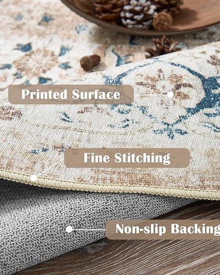 jinchan Round Rug 4ft Area Rug - Washable Boho Vintage Floral Circle 4' Round Floor Cover Lightweight Low Pile Thin Throw Non-Slip Carpet for Kitchen Living Room Bedroom Dining Room Office Pink Blush