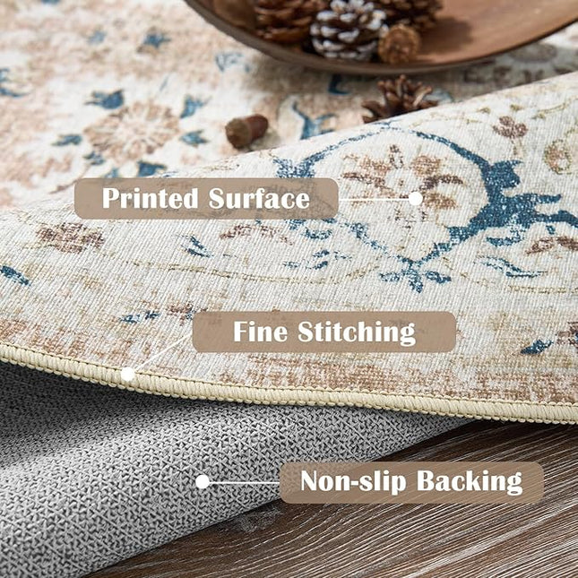 jinchan Round Rug 5ft Area Rug - Washable Boho Vintage Floral Circle 5' Round Floor Cover Lightweight Low Pile Thin Throw Non-Slip Carpet for Kitchen Living Room Bedroom Dining Room Office Pink Blush