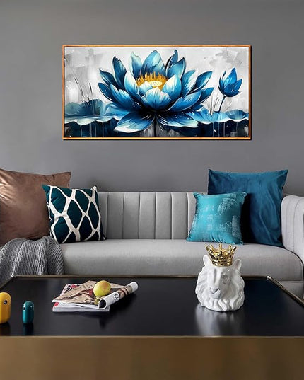 Ouzzlie Lotus Wall Art Blue Wall Decor Flower Painting Gray Canvas for Bedroom Modern Art 24" x 48"