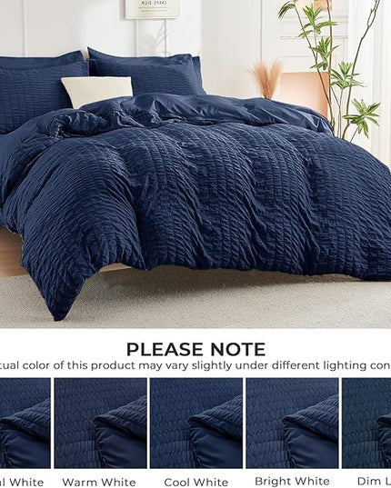 HYMOKEGE Navy Blue Oversized King Comforter Set Seersucker 7 Pieces, All Season Luxury Bed in a Bag for Bedroom, Bedding Set with Comforter, Sheets, Pillowcases & Shams