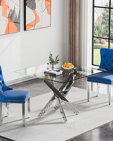Glass Dining Table Set for 2, Square 36" Dining Table with Silver Cross Metal Leg, 2 Blue Velvet Dining Chairs with Stainless Steel Legs, Modern Glass Kitchen Table and Chairs Set for Small Space