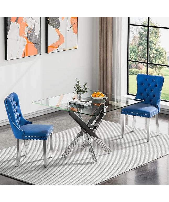Glass Dining Table Set for 2, Square 36" Dining Table with Silver Cross Metal Leg, 2 Blue Velvet Dining Chairs with Stainless Steel Legs, Modern Glass Kitchen Table and Chairs Set for Small Space