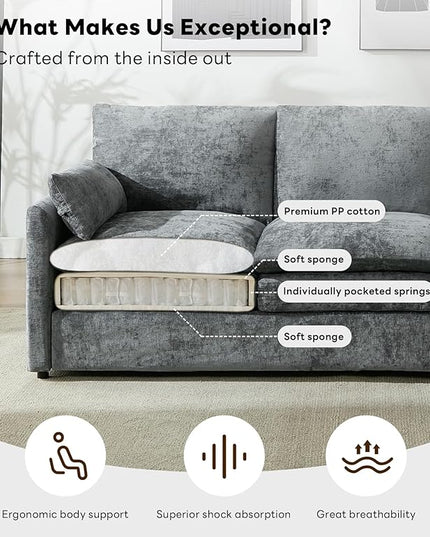 Tbfit Modern Couch, 89" Cloud Sofa Spring Seat Cushions, Comfy 3-Seater w/Pillows, Chenille Fabric Removable Covers, Soft Upholstered Living Room Furniture, Home Apartment, Gray