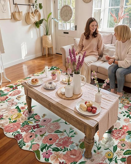 Wonnitar Washable 5x7 Rug for Living Room, Pink Camellia Floral Rugs for Bedroom Girls, Non-Slip Soft Scalloped Flower Floor Carpet for Kids Nursery Room Decor(Pink,5'x7')