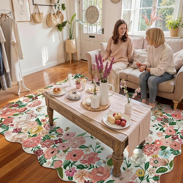 Wonnitar Washable 5x7 Rug for Living Room, Pink Camellia Floral Rugs for Bedroom Girls, Non-Slip Soft Scalloped Flower Floor Carpet for Kids Nursery Room Decor(Pink,5'x7')