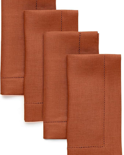 Solino Home Linen Napkins Set of 4 - Classic Hemstitch 100% Pure Linen Cinnamon Dinner Napkins Cloth 20 x 20 Inch for Winter - Handcrafted and Machine Washable