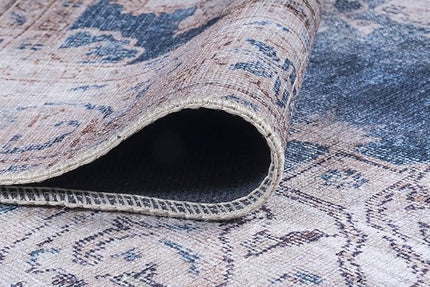 GLN Rugs Traditional Collection - Machine Washable Area Rug, Traditional Washable, Non Slip, Low Pile Chenille Rug, Living Room, Bedroom, Kitchen Rug (2'x3' Cream/Navy)