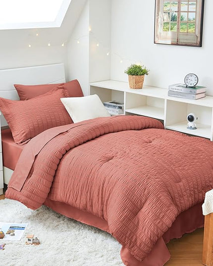 HYMOKEGE Coral Twin XL Comforter Set Seersucker 5 Pieces, All Season Luxury Bed in a Bag for Bedroom, Bedding Set with Comforter, Sheets, Pillowcase & Sham